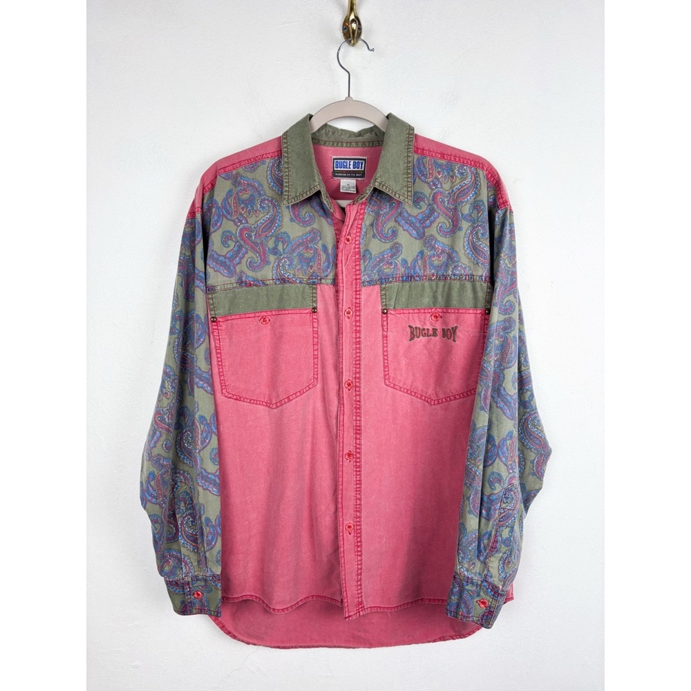 Vintage Pink and Olive Paisley Button-Down Shirt